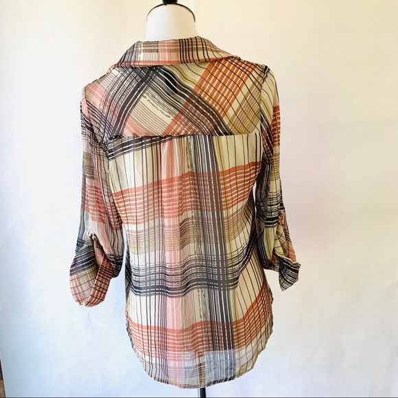 Lovely Sheer Brown Tan Button Blouse Lg - Picture 4 of 6